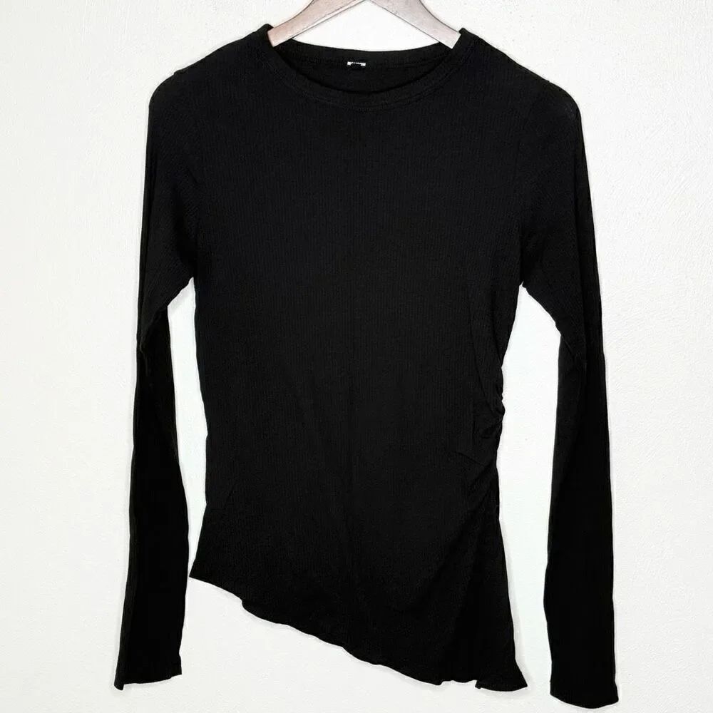 Monrow Black Long Sleeve Asymmetrical Ribbed Knit Shirt - Women’s US LG